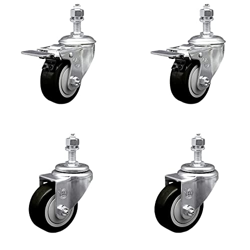 Stainless Steel Polyurethane Swivel Threaded Stem Caster Set of 4 w/3