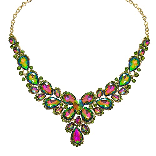 Qyj Women’s Wedding Bridal Austrian Crystal Glass Teardrop Statement Necklace Dangle Earrings Bracelet Ring Wedding Party Jewelry Set For Bridal Bridesmaid (Rainbow-Gold Plated) #TOP4