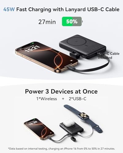 INIU Qi2 Certified Magnetic 45W Power Bank, Slim 10000mAh Fast Charging Portable Charger, with USB C in&Out Cable, Battery Phone Charger for iPhone 16/16 Plus/16 Pro Max, iPhone 15/14/13 Series, Blue