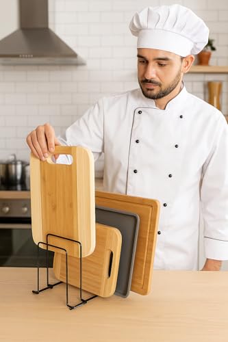 Image of Pan & Pot Lid Organizer Rack - Multifunctional Cookware for Cabinet, Pantry Chopping Board Holder, Space-Saving Kitchen Organizer, Black (L-9 x W-8.5 x H-7 Inches) (SMALL CHOPPING)