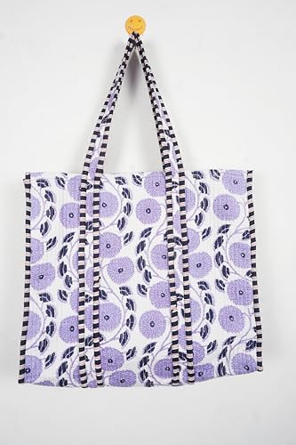 Image of Quilted Cotton Handprinted Reversible Large multicolor Floral Tote Bag,Hand Block Print Shopping Shoulder Carry Bag