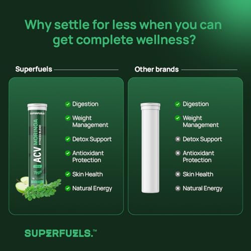 Image of SUPERFUELS ACV Moringa - Apple Cider Vinegar Effervescent Tablets | Supports Weight Loss, Fat Burn & Gut Health | Controls Cravings | Vitamin B6 & B12 | No Added Sugar | Effervescent Tablets- Green apple | Pack of 4 (60 Tablets)