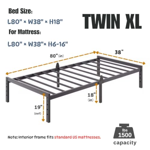Image of ZIYOO 18 Inch Twin XL Size Metal Platform Bed Frame,Mattress Anti-Slip Design