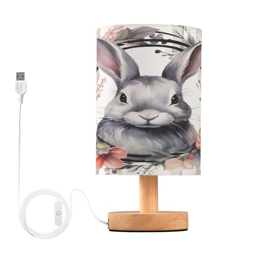 SDMKA Watercolor Bunny Bedside Table Lamp for Bedroom, Minimalist Nightstand Lamp with Round Fabric Shade for Living Room, Office, No Bulb Required