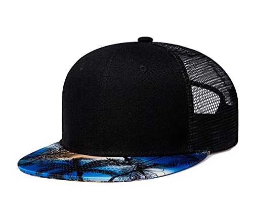 Quanhaigou Mesh Trucker Hats,Outdoor Snapback Dad Hat,Hip Hop Men Women Adjustable Baseball Caps (Palm Black Blue)