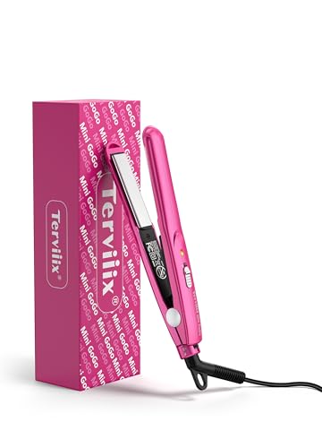 Terviiix Mini Flat Iron for Bangs Short Hair Edges, 1/2 Inch Small Hair Straightener and Curler 2-in-1, Ceramic Travel Flat Iron with Dual Voltage, 430°F Fast Heat, Pouch — Pink