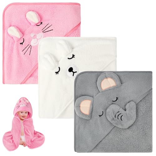 Aolso Toalla de Bebé con Capucha, 3 Toallas de Baño para Bebé con Capucha, 80 x 80 cm, Toallas Suaves y Absorbentes con Capucha para Niños Recién Nacidos y Bebés (Blanco/Gris/Rosa)