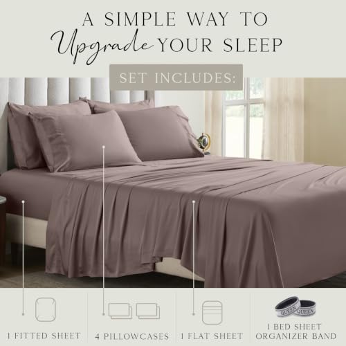 Image of KARISSA MAE 6 Piece Luxury Bamboo Viscose Queen Sheet Set, 4 Pillowcases | FSC Certified | Cooling | Ultra Soft | 18 inch Deep Pockets | Elastic Corner Straps | Includes Organizer Band [Mocha]