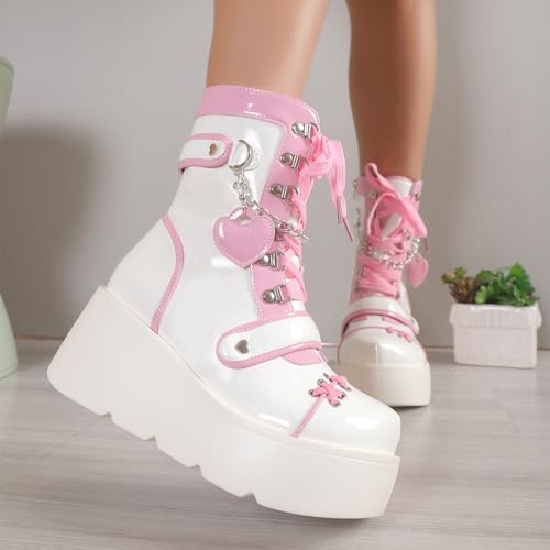 GUNIYIFS Platform Ankle Boots for Women Gothic Wedge High Chunky Punk Combat Boots Pink Cute Lace up Side Zip Dress Booties4