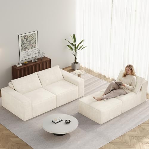 Image of Vesgantti 114 inch Boneless Modular Sectional Sofa, Modern 3 Seater Couch with Ottoman & Deep Seat, Convertible Chenille L Shaped Cloud Couches for Living Room, No Assembly Required, Beige