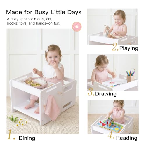 Image of Montessori Weaning Table and Chair Set, Adjustable Toddler Table, White | Adjustable Wooden Design for Meals, Learning, Play, and Everyday Routines