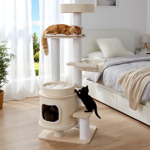 COSTWAY Kratzbaum groß, 151 cm, Katzenbaum Holz, Katzenkratzbaum mit dicken Stämmen, Plattformen, Katzenhöhle, Bett, Kratzpfosten & Hängematte,...