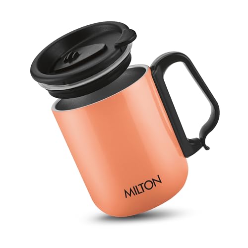 Image of MILTON Harbor Coffee Mug 300 Double Walled Non - Insulated | 300 ml Inner Stainless Steel Tea Mug with Lid & Handle | Hot & Cold | Coffee Mug Travel Tea Cup | Black Coffee | Tea Cup Single | Orange