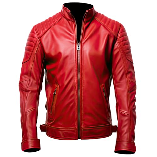 Men’s Red Genuine Sheepskin Quilted Shoulders Classy Biker Motorcycle Retro Zip-Up Stand Collar Café Racer Leather Jacket
