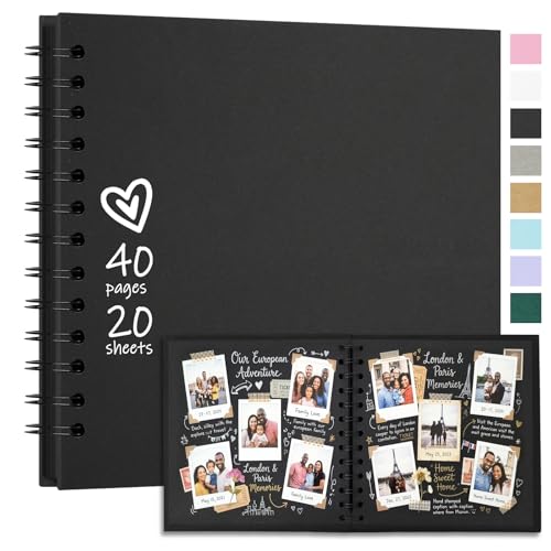 Vienrose DIY Álbum de Recortes 18x18 cm Libro de Recortes de Papel Kraft de Tapa Dura Álbumes de Fotos con 20 Hojas (40 Páginas) en Blanco para Boda Baby Shower Familia Aniversario, Negro