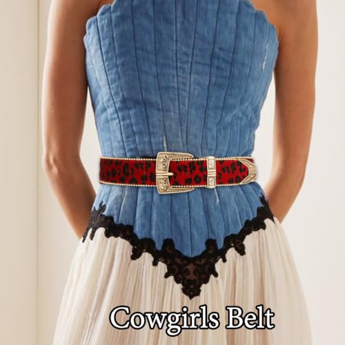 Bounzhi Women Leopard Print Belts for Pants Jeans Western Belt with Vintage Floral Carved Buckle2