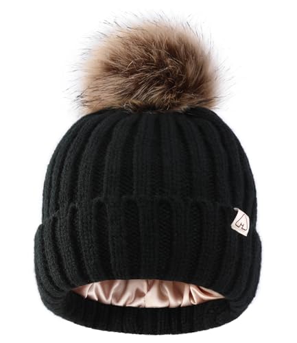 Image of Hat Hut Toddler Beanie Satin Lined Beanie for Baby Winter Hats for Kids Pom Pom Beanie for Boys Girls