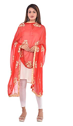 Image of Youthquake Golden Embroidered Work Chiffon Dupatta For Womens & Girls With 4 Side Gold Lace