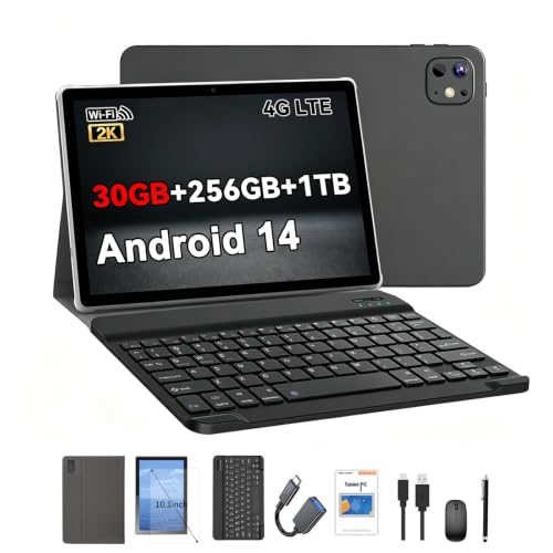 Crelander 10.1 Zoll Android 14 Tablet mit SIM-Kartenslot 4G LTE Calling, 20GB+256GB, 1920x1200 IPS Touchscreen, Dual-Kamera, Bluetooth/WiFi, Bundle mit Hülle, Tastatur, Maus & Stylus (Grau Schwarz)