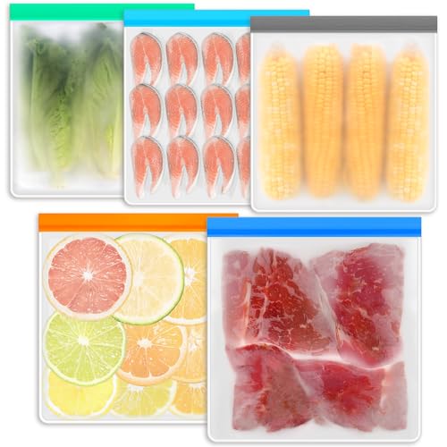 5Pcs Reusable Gallon Freezer Bags BPA Free 28 * 27cm Free Ziplock Bags Dishwasher Safe Food Storage Bag Silicone Leakproof & Airtight Food Storage For Keeping Lunch Sandwich Snacks Fruits Vegetable