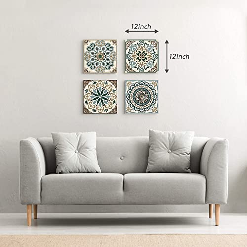 Double Trees Mandala Canvas Wall Art Bedroom: Living Room Bathroom Vintage Flower Giclee Print Modern Abstract Boho Pattern Painting Picture 4 Piece 12X12 Aesthetic Brown Artwork Ready To Hang #TOP2