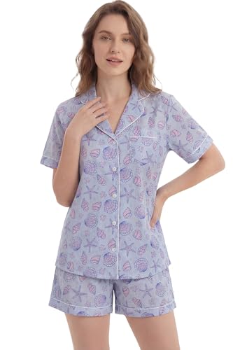 Image of LUBOT 100% Cotton Pajamas for Women 2 Piece PJ Set Poplin Woven Lightweight Ladies Button Short Sleeve Sleepwear S-XXL