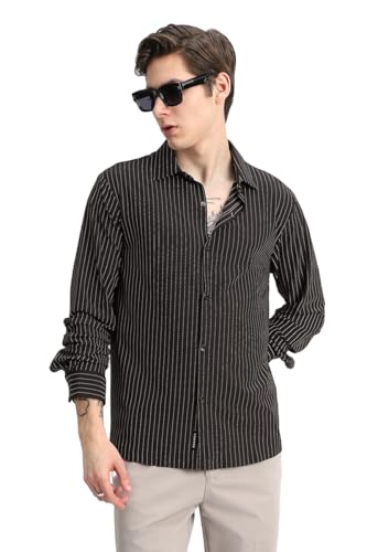Image of SNITCH Men Casual Plus Size Shirt | Regular Fit Full Sleeve Mandarin Collar Striped Design | Premium Cotton Linen Blend & Breathable Fabric for Office & Everyday Wear