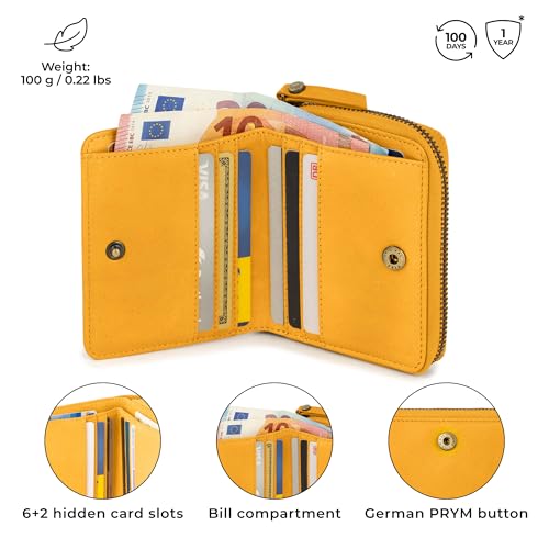 Image of BERLINER BAGS Genuine Leather Small Wallet Women Sara, Gift Box - Yellow | Soft Leather Bifold Zip Wallet, Fits Purses & Crossbody Bags, 8 Card Slots, Zipped Coin Pocket, RFID Blocking