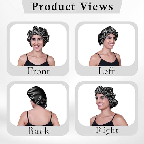 Image of GLUN Hair Bonnet Cap with 3 Satin Scrunchies Black Colour Combo, Soft Satin Cloth Bonnet Cap Prevents Hair Breakage, Sleep Cap for Frizz Control & Moisture Retention, Ideal for Curly & Natural Hair