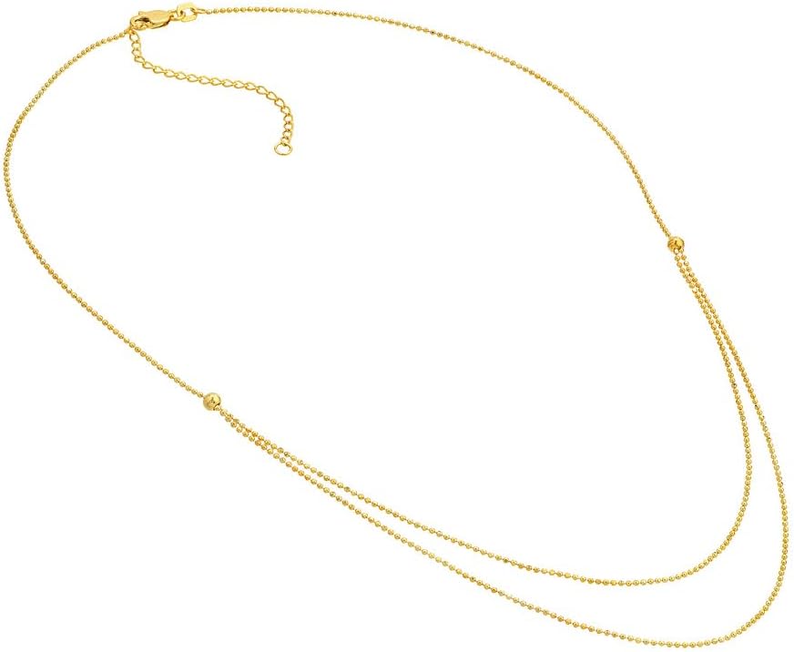 JewelryWeb 14k Yellow Gold Double Strand Bead Chain Necklace Bib Adjustable Necklace 18 Inch Strand Necklace for Women and Men