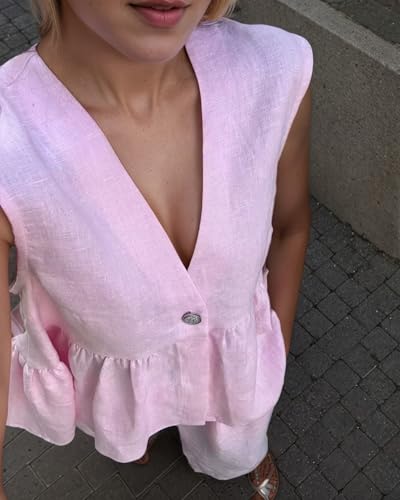 OCUH 2 Piece Sets for Women Peplum Top Button Up Vest V Neck Tank Tops Wide Leg Pants Suits Work Outfits Business Casual2