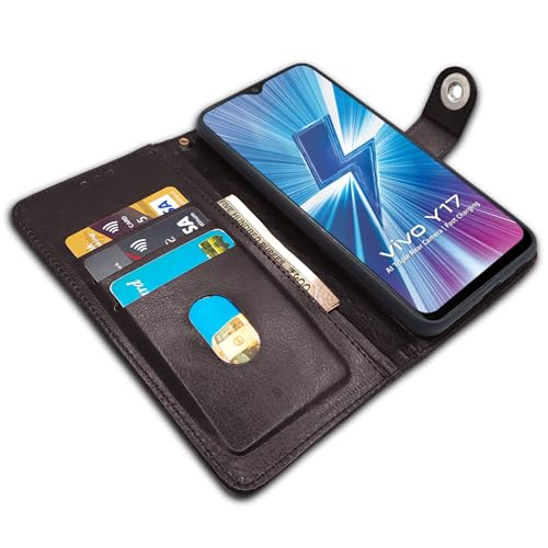 Image of Pikkme Vivo Y12 / Y15 / Y17 / U10 Flip Cover Leather Finish | Inside TPU with Card Pockets | Wallet Stand and Shock Proof | Complete Protection Flip Case (Button Coffee)