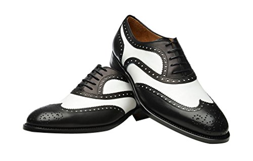 Geninue Leather Mens Wingtip Two Tone Oxford Black and White Spectator Dress Shoes2