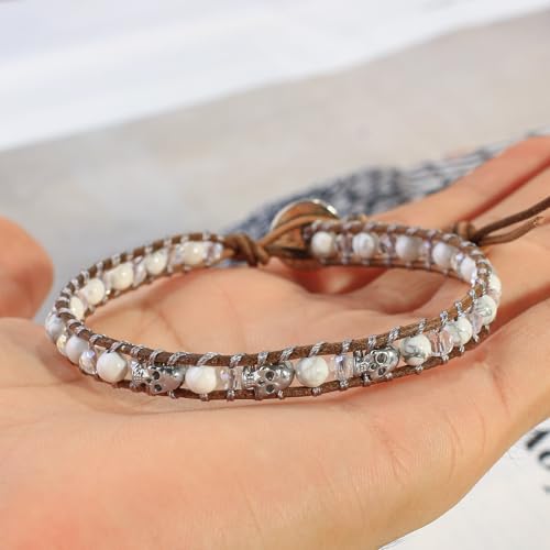 Image of KELITCH 925 Silver Skull Bracelets Wrap Bracelets Women Crystal Beaded Bracelets on Natural Leather