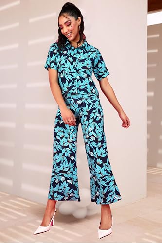 Image of POPWINGS Casual Floral Printed Monochrome Crop Shirt and Trouser Co-Ords Set for Women | Top and Bottom Set for Women |Printed Shirt and Trousers Set | Women Collar Shirt and Trousers Set Summer Wear
