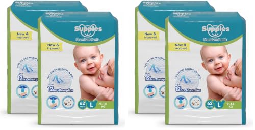 Image of Amazon Brand - Supples Premium Baby Diaper Pants | 124 Baby Diapers | Large | 9-14 Kg | 12 Hrs Absorption | Cushiony Cotton Soft Fabric | Phthalates-Free | Triple Leak Guard | 62 Count, Pack of 4