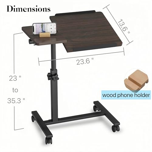 JXINONT Mobile Laptop Stand for Couch Overbed Table with Wheels Adjustable Height Tilting Sofa Laptop Bed Table Rolling Cart Medical Overbed Tables-Brown - Thumbnail 3