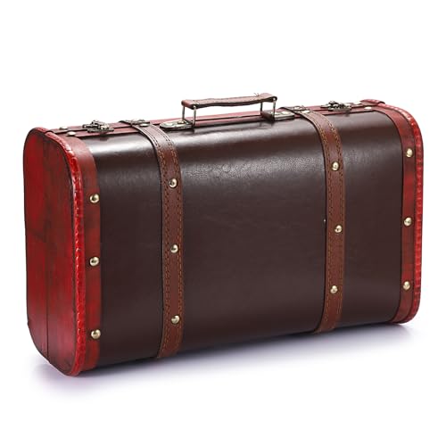 ELLDOO Vintage Wooden Storage Chest, Portable Decorative Luggage Suitcase, Vintage Red Treasure Chest Box, Pirate Keepsakes Box for Gifts, Chest Storage Box for Decor Storage Travel