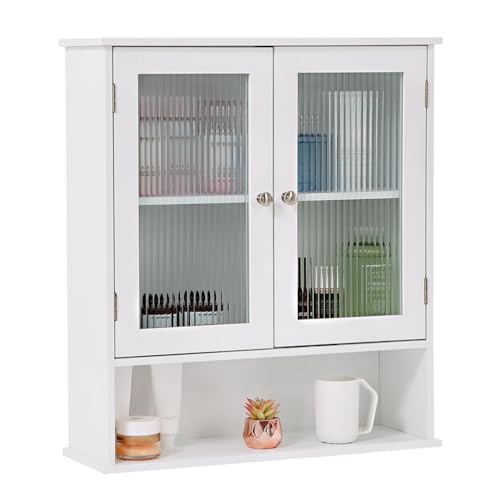 Furlide Bathroom Wall Cabinet with Glass Door, Bathroom Cabinet Wall Mount with Open Shelf, Over The Toilet Wall Storage Cabinet, Bathroom Medicine Cabinet, White