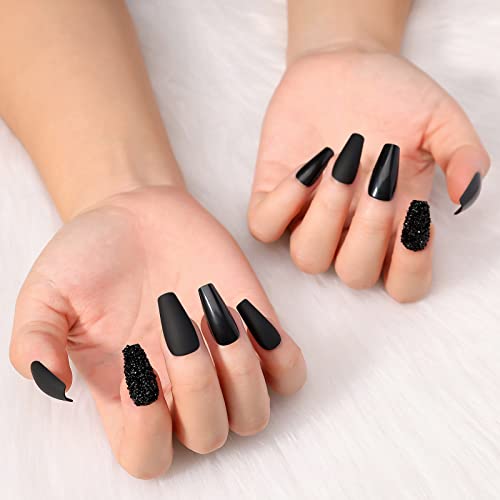 Artquee 24Pcs Press On Nails With 3D Rhinestones Black Medium Long Coffin Matte Mixed Glossy Ballerina Fake Nails False Tips Manicure For Women And Girls Including 2Pcs Full Tiny Diamond Nails #TOP4
