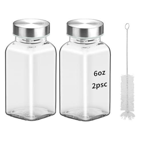 eispap 2Pcs 6oz Glass Spice Jars 304 Stainless steel Lids with Shaker Lids, Spice Jars Trial Set & Supplement Set, Empty Spice Containers and Square Spice Bottles for Kitchen (2)