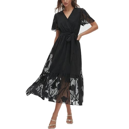 Image of Women's Summer Bohemian Floral Chiffon Dress Cap Sleeve V Neck Ruffle Long Flowy Boho Casual Vacation Dresses