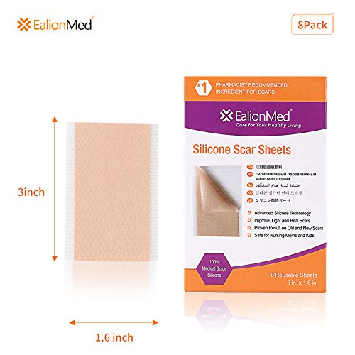 EalionMed Silicone Scar Sheets, Scar Away, Scar Removal Treatment for Hypertrophic Scar, Keloid Scar, C-section scar, Surgery Scar, Burn Scars, Acne Scars Treatment, 3'' x 1.6'' 8 Sheets Pack