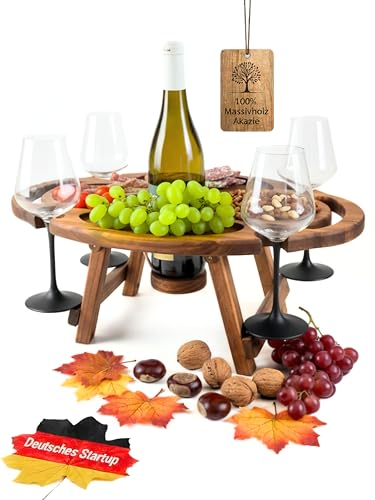 Weintisch Akazie Massivholz für 4 Personen - Weinbar & Weintablett für Zuhause oder Outdoor - auch als Picknicktisch klappbar - Nutzbar als Weinhalter & Ideal als Picknick Zubehör & Camper Geschenke