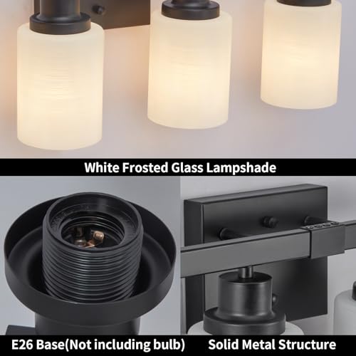Image of 6-Light Black Vanity Lights 36.8in Bathroom Vanity Light for Mirror | White Frosted Ribbed Glass Shade Matte Bathroom Lighting Fixtures Black Wall Sconces for Bedroom Living Room E26 Base
