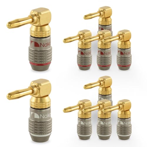 Image of Nakamichi FanLock Excel Series 24k Gold Plated Right-Angle 90 Degree Banana Plug 10 AWG - 18 AWG Gauge Size 4mm for Speakers Amplifier Hi-Fi Home Theatre Wire Cable Quick Connector, 10 Pcs (5-Pairs)