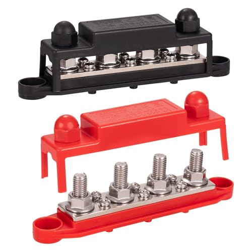 Spurtar Barra Colectora 250A 12V–48V con 4x M10 Pernos y 6x M4 Tornillos, Bloque de Distribución de Energía para Coche, Barco, RV – 2 Piezas Rojo y Negro