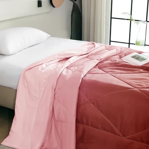 Image of Ac Comforter Single Bed Ombre with Satin Finish 240 GSM - Reversible AC Comforter - Peach & Red Comforter Quilt Duvet Dohar Blanket for Summer 150 x 225cm
