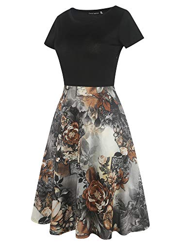 Image of oxiuly Women Casual Dress Round Neck Soft Cotton Floral A-Line Midi Summer Dresses with Pockets OX262