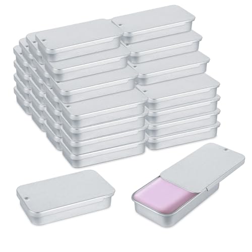 Image of DAJAVE 100 Pack Mini Metal Tin Containers, 0.5 oz Rectangle Metal Tin Box with Slide Lids for Lip Balm, Jewelry, Crafts, Pills (Silver)